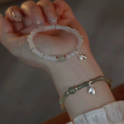 The Golden Ascent | Artisan Jade-Style Bamboo Bracelet with Prosperity Leaf Charm