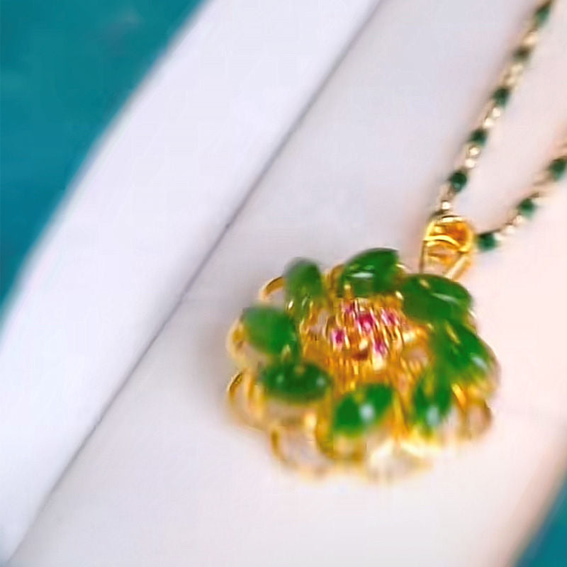 Imperial Fortune Bloom Necklace | Apple Green Crystal & 18K Gold Plated Titan Steel Pendant