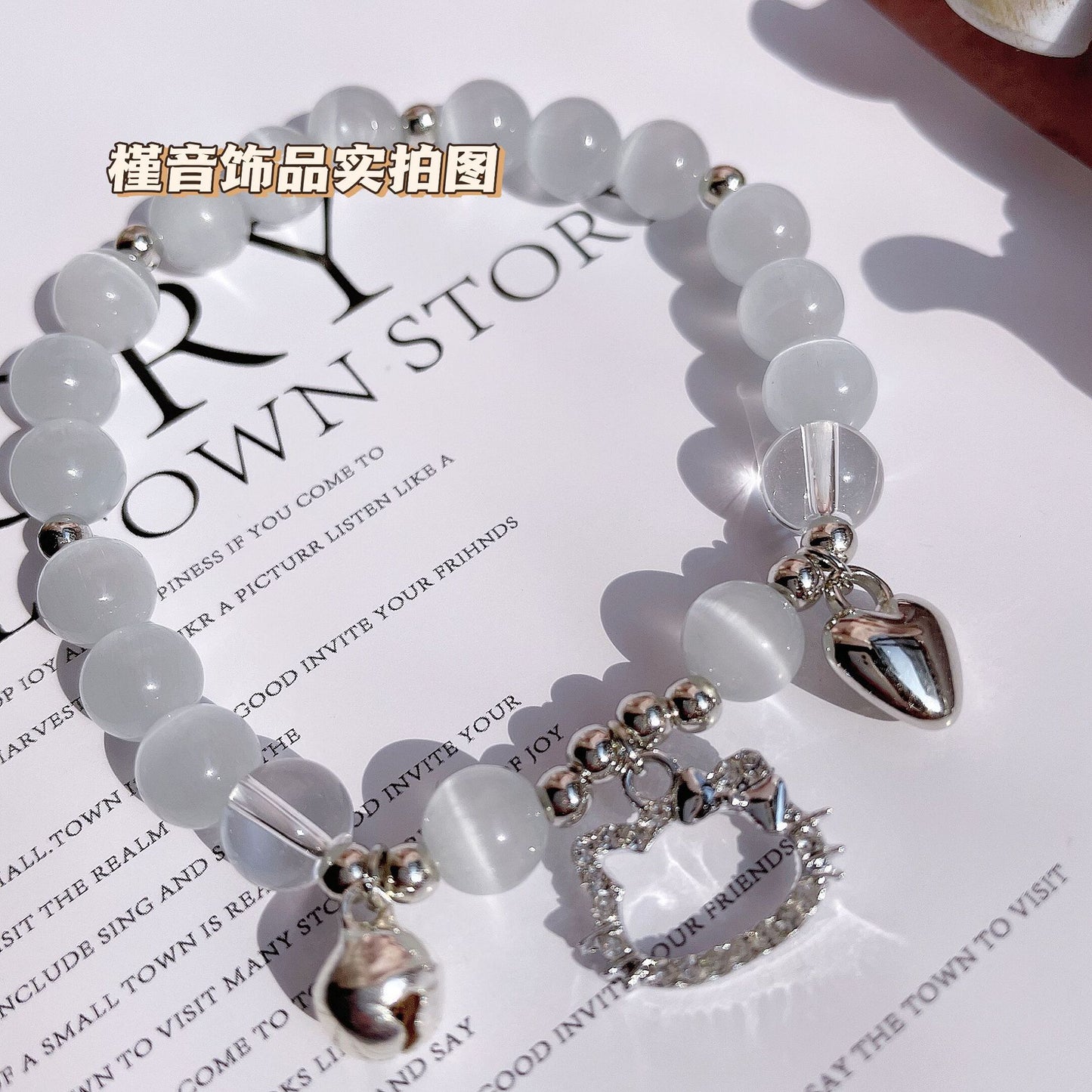 Kawaii Kitty Luminous Bracelet | Enchanting Cats Eye Beads with Bow-Knot Kitten Charm