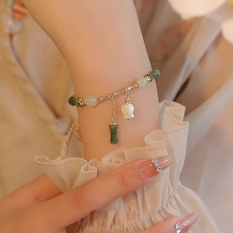 Eternal Bamboo & Lily of the Valley Amulet | Natural Olive Jade 18K Gold Magnet Bracelet