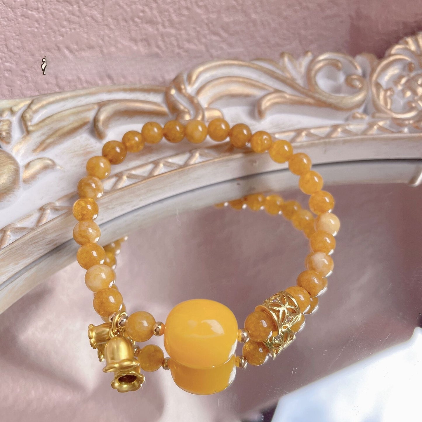 Vintage Caramel Amber Amulet | Natural Dragon Scale Stone & Eternal Harmony Charm Bracelet