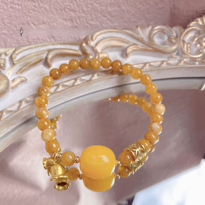 Vintage Caramel Amber Amulet | Natural Dragon Scale Stone & Eternal Harmony Charm Bracelet